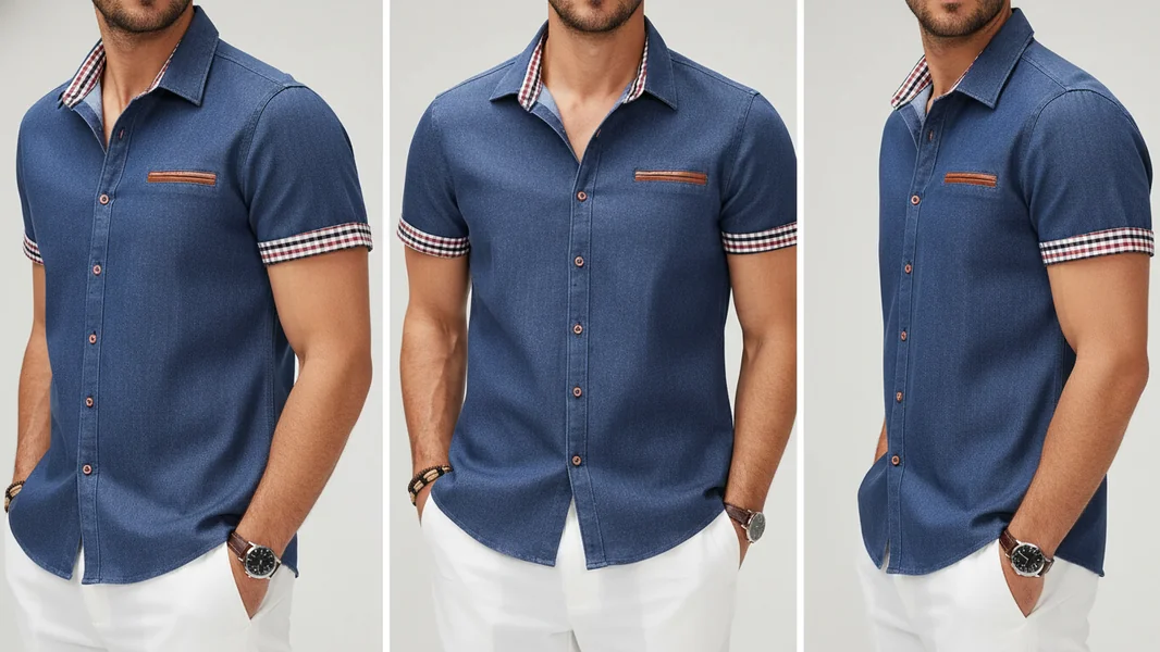 Plaid-Collar Denim Work Shirt