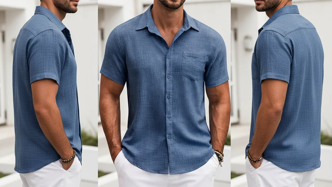Textured Short Sleeve Blue Shirt