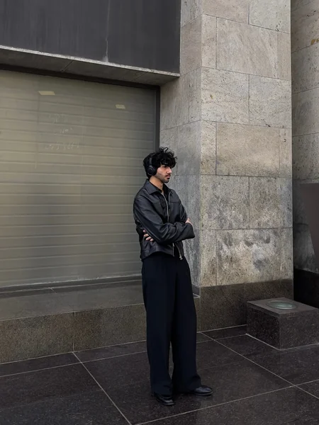 Black Leather Jacket Wide Leg Black Pants Outfit Men
