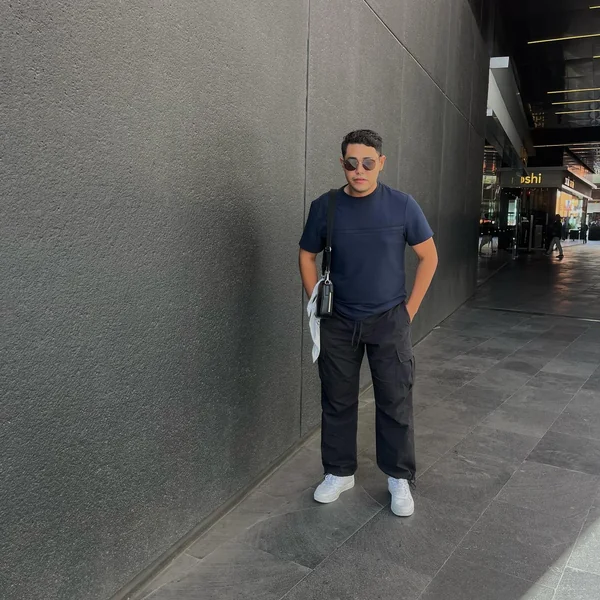 Navy Blue Shirt Black Cargo Pants Men Outfit