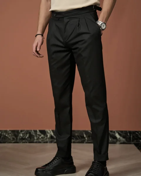 Black Gurkha Pants with Beige Tee Men Outfit