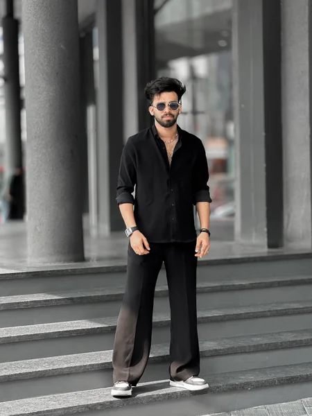 Black Shirt Black Wide Leg Flare Pants Men