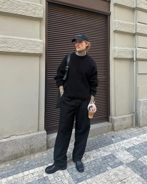 Black Knit Sweater Black Pleated Pants Men Outfit